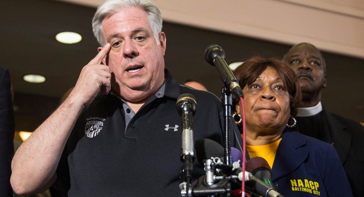 BALTIMORE, MD - APRIL 28: Maryland Governor Larry Hogan speaks at a press conference after riots broke out yesterday after the funeral of Freddie Gray, on April 28, 2015 in Baltimore, Maryland. Gray, 25, was arrested for possessing a switch blade knife April 12 outside the Gilmor Houses housing project on Baltimore's west side. According to his attorney, Gray died a week later in the hospital from a severe spinal cord injury he received while in police custody. (Photo by Andrew Burton/Getty Images)