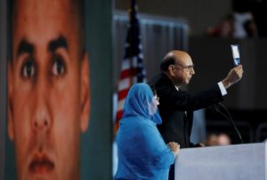 Khizr Khan, who's son Humayun (L) was killed serving in the U.S. Army, challenges Republican presidential nominee Donald Trump to read his copy of the U.S. Constitution, at the Democratic National Convention in Philadelphia, Pennsylvania, U.S. July 28, 2016. REUTERS/Lucy Nicholson TPX IMAGES OF THE DAY - RTSK69M